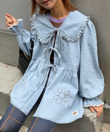 ★【HELLO.SANFRANCISCO/ハローサンフランシスコ】帶領雛菊刺繡牛仔襯衫