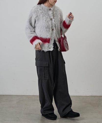 拼色毛邊圓領開衫