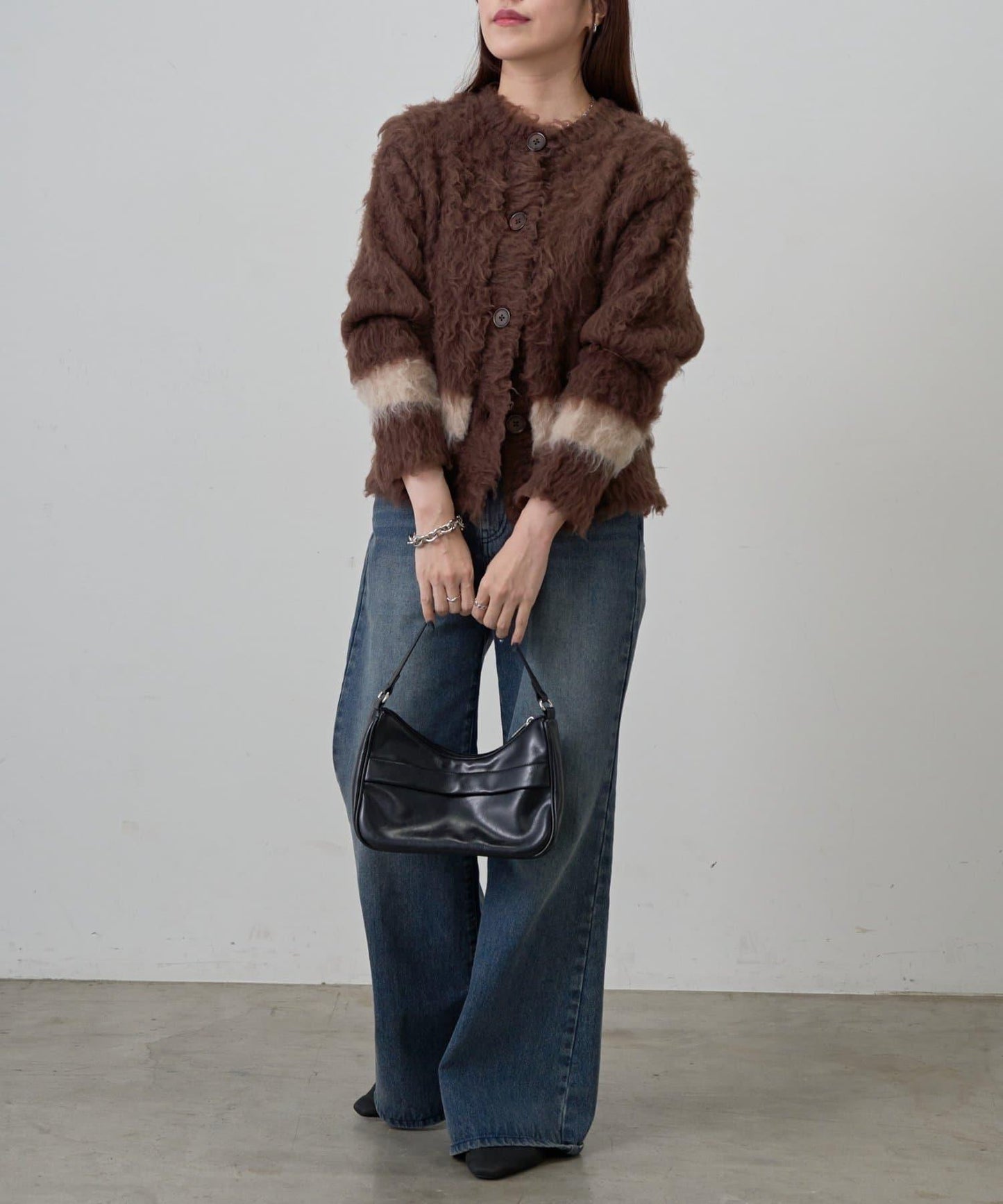 拼色毛邊圓領開衫