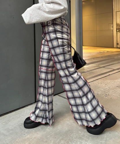 ★【HELLO.SANFRANCISCO/ハローサンフランシスコ】格紋荷葉邊拼接喇叭褲