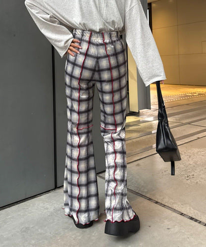 ★【HELLO.SANFRANCISCO/ハローサンフランシスコ】格紋荷葉邊拼接喇叭褲