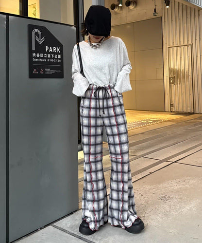 ★【HELLO.SANFRANCISCO/ハローサンフランシスコ】格紋荷葉邊拼接喇叭褲