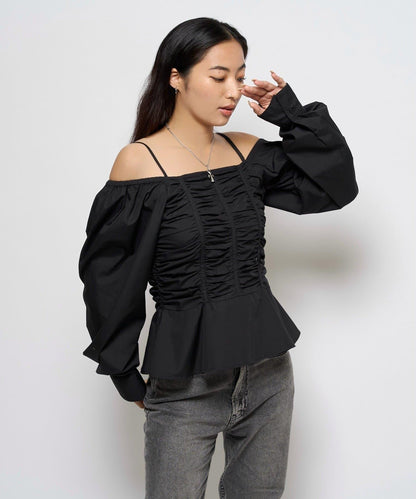 2WAY一字肩泡泡袖襯衫
