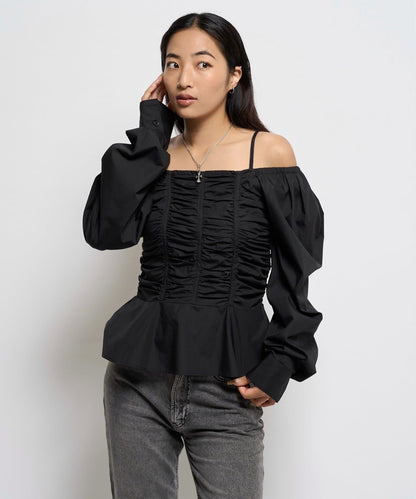 2WAY一字肩泡泡袖襯衫