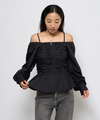 2WAY一字肩泡泡袖襯衫