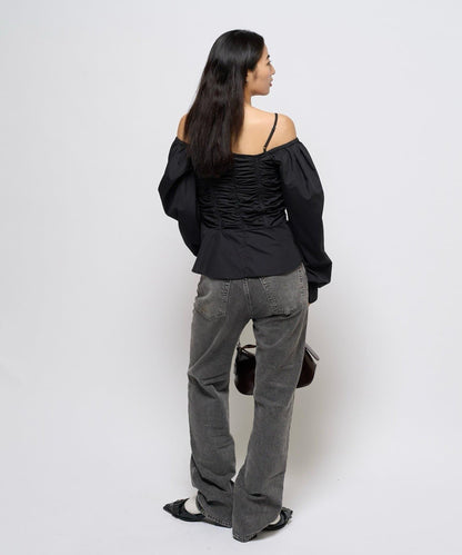 2WAY一字肩泡泡袖襯衫