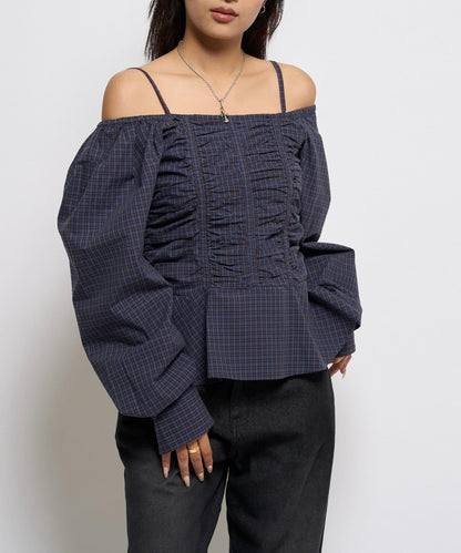 2WAY一字肩泡泡袖襯衫