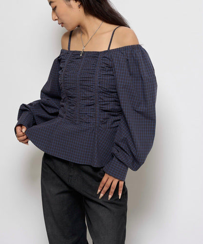 2WAY一字肩泡泡袖襯衫