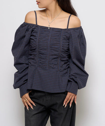 2WAY一字肩泡泡袖襯衫