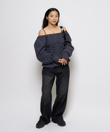 2WAY一字肩泡泡袖襯衫