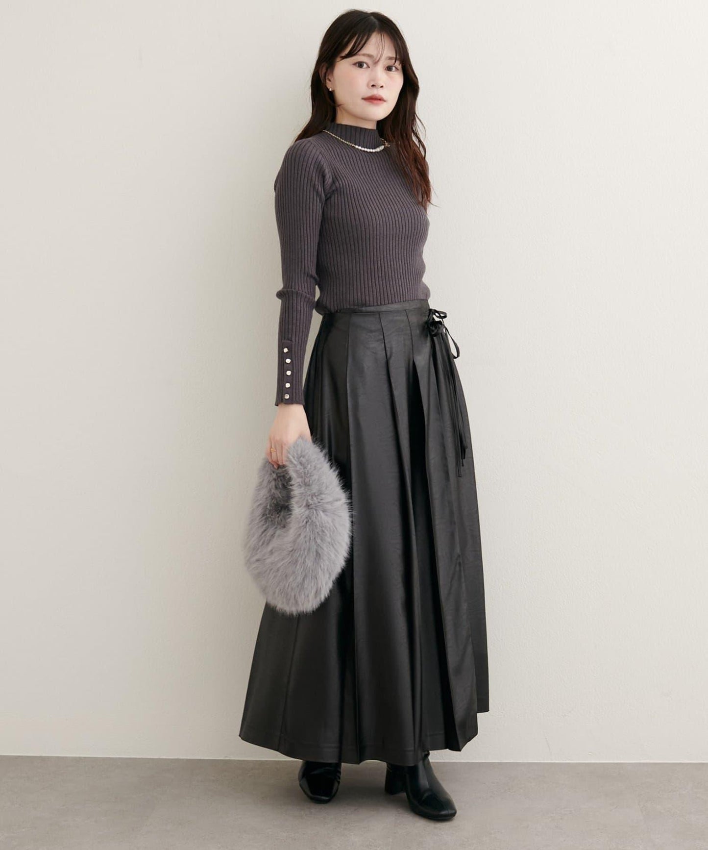 【natural couture】仿皮褶皺包裹半身裙