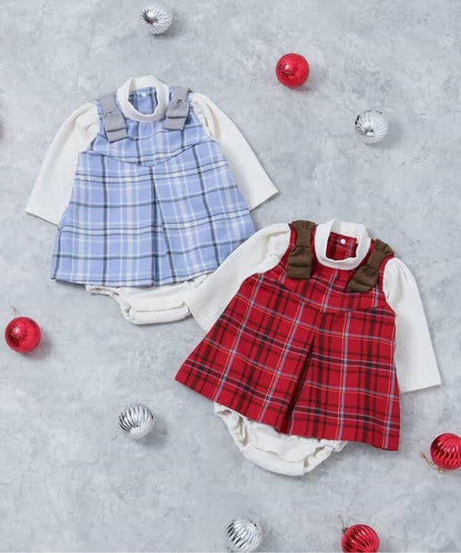 肩帶蝴蝶結格紋連體衣