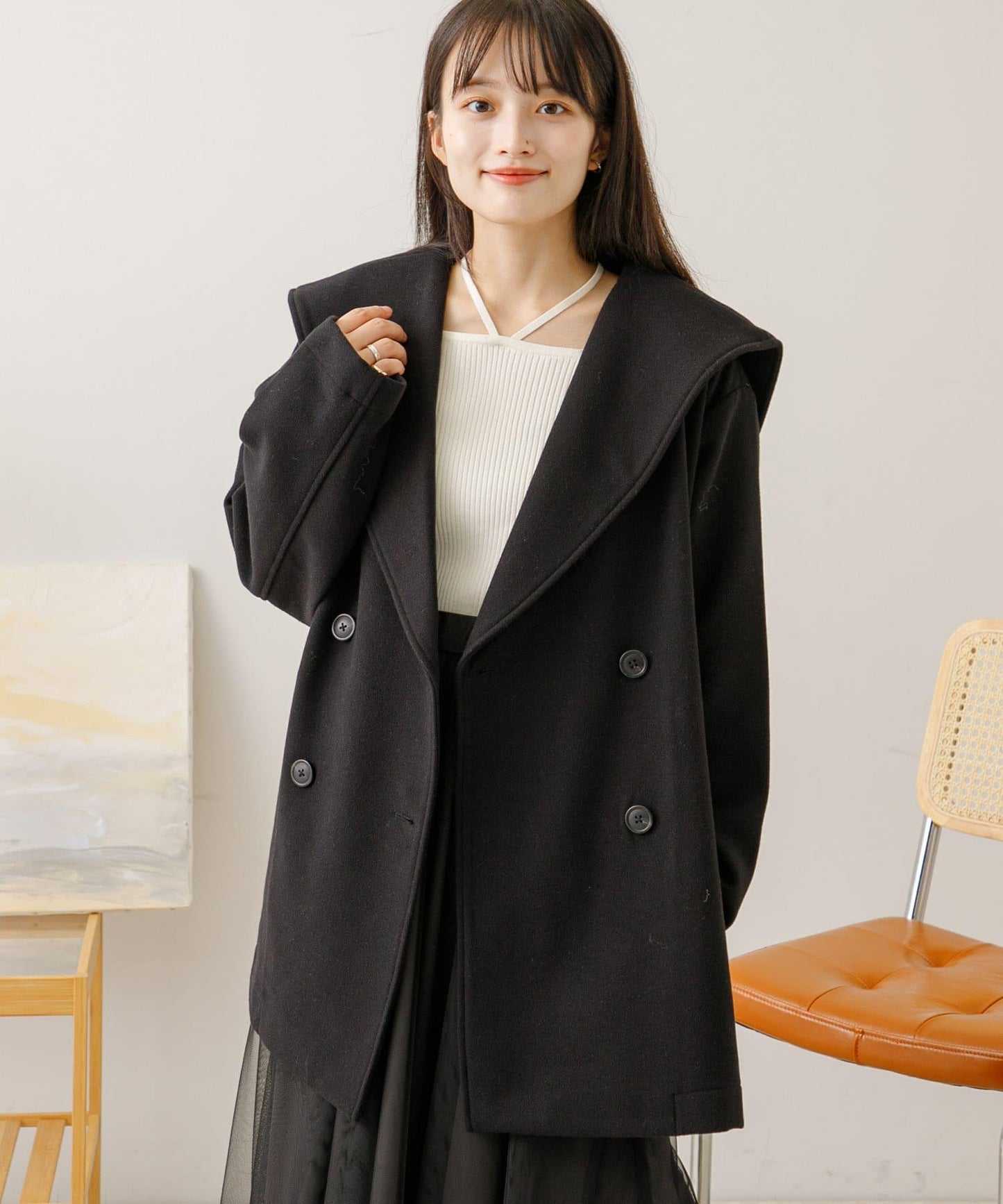 大翻領中長款大衣