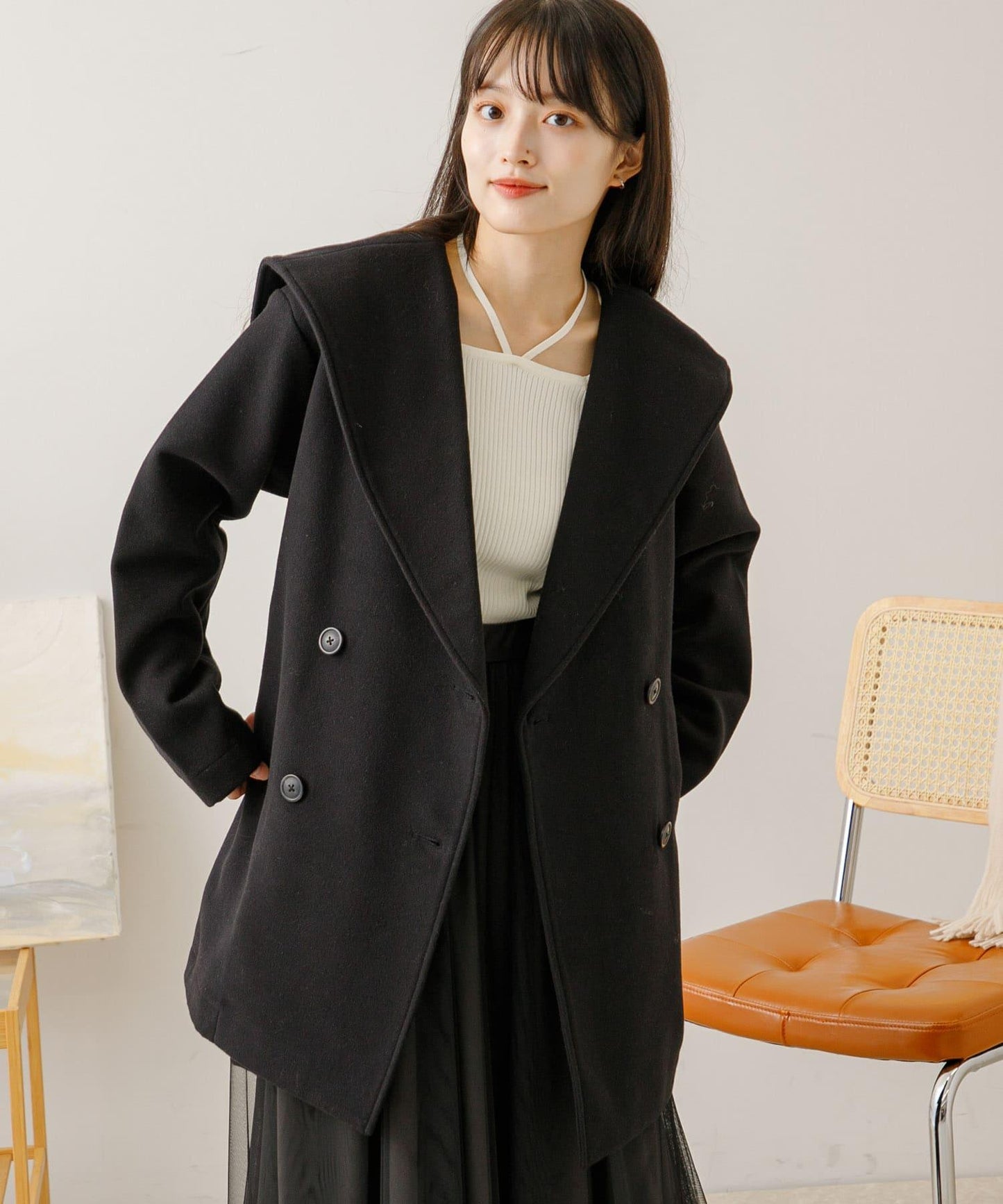 大翻領中長款大衣