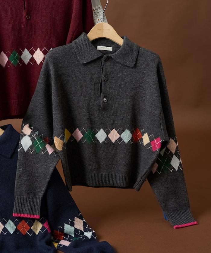 拼色迷你菱格針織POLO衫