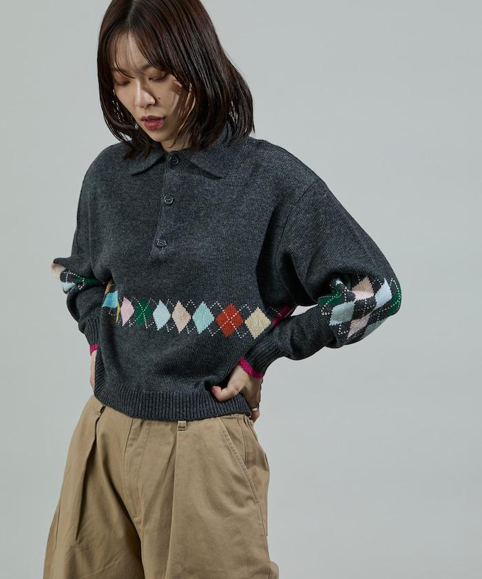 拼色迷你菱格針織POLO衫