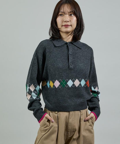 拼色迷你菱格針織POLO衫