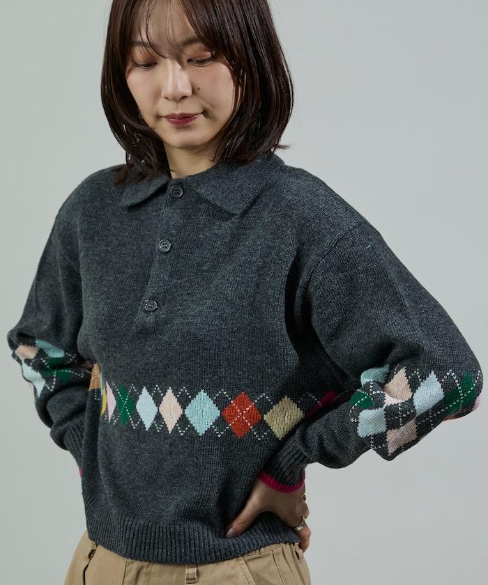 拼色迷你菱格針織POLO衫