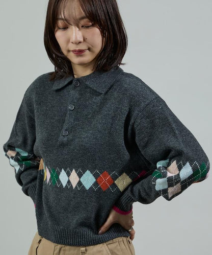 拼色迷你菱格針織POLO衫