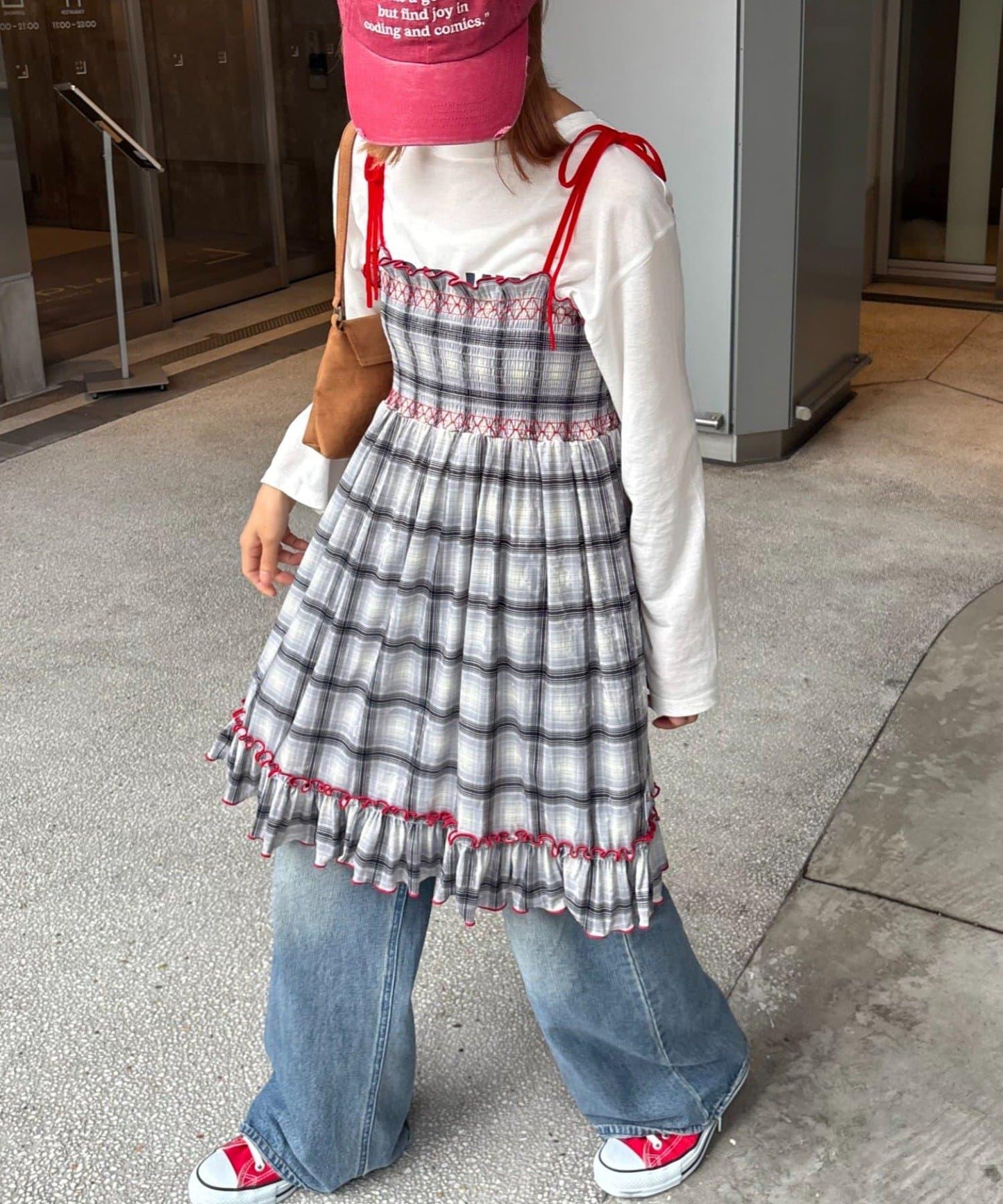 ★【HELLO.SANFRANCISCO/ハローサンフランシスコ】格紋天鵝絨抽褶長款上衣