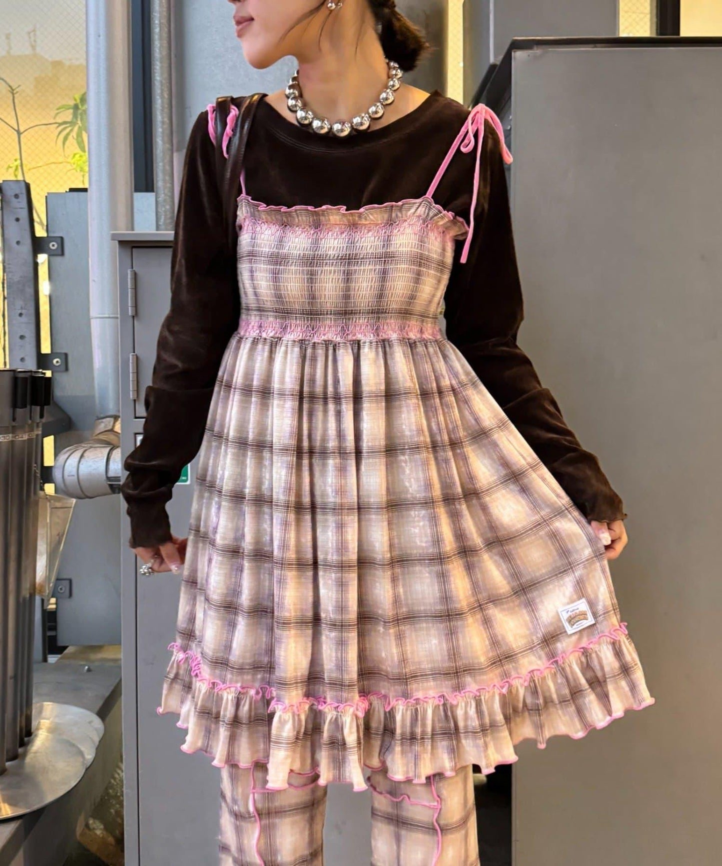 ★【HELLO.SANFRANCISCO/ハローサンフランシスコ】格紋天鵝絨抽褶長款上衣