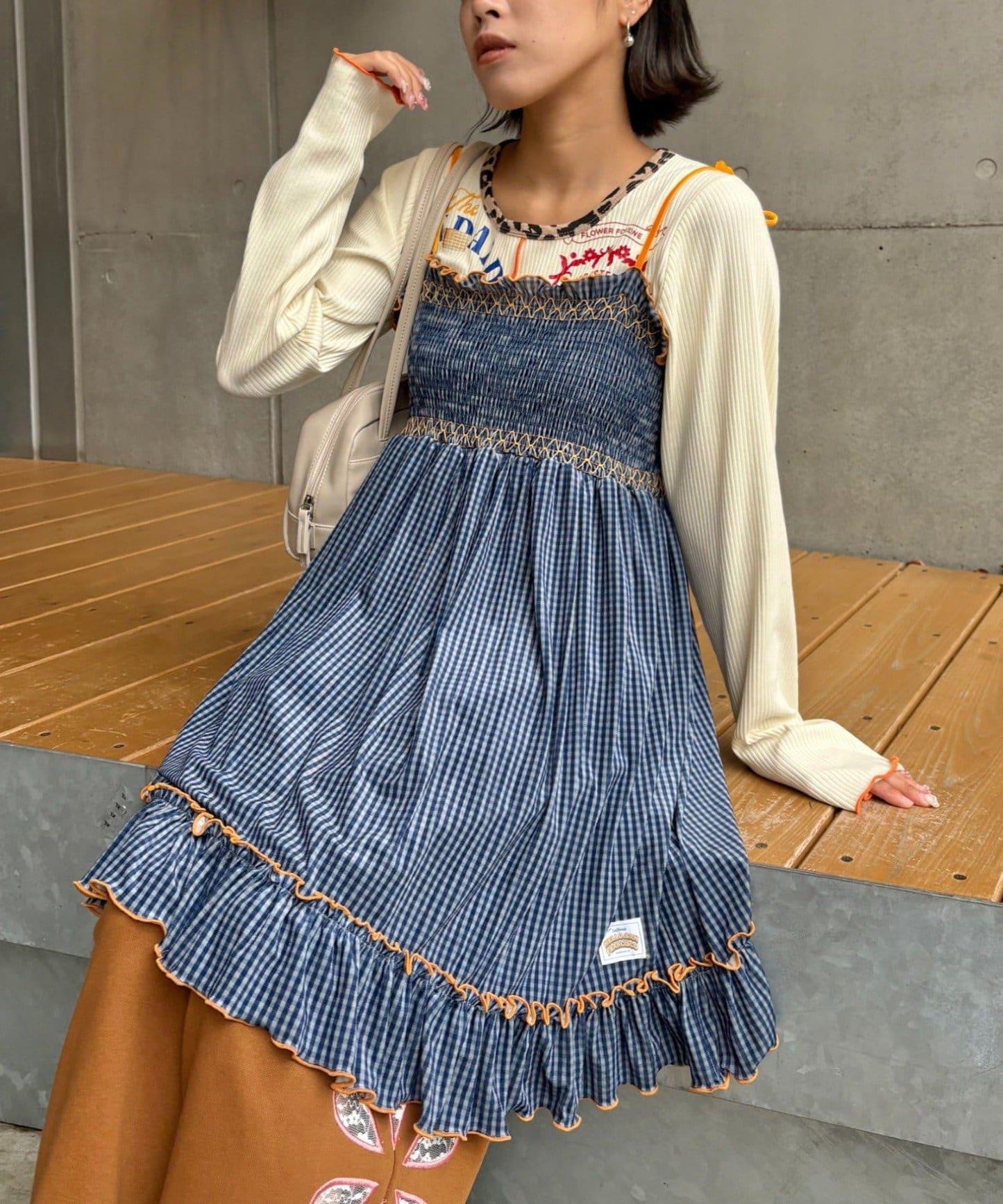 ★【HELLO.SANFRANCISCO/ハローサンフランシスコ】格紋天鵝絨抽褶長款上衣