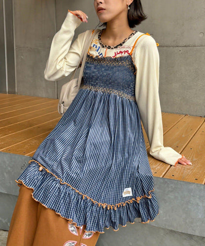 ★【HELLO.SANFRANCISCO/ハローサンフランシスコ】格紋天鵝絨抽褶長款上衣