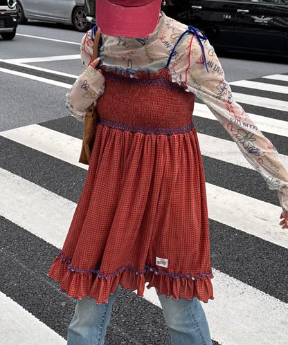 ★【HELLO.SANFRANCISCO/ハローサンフランシスコ】格紋天鵝絨抽褶長款上衣