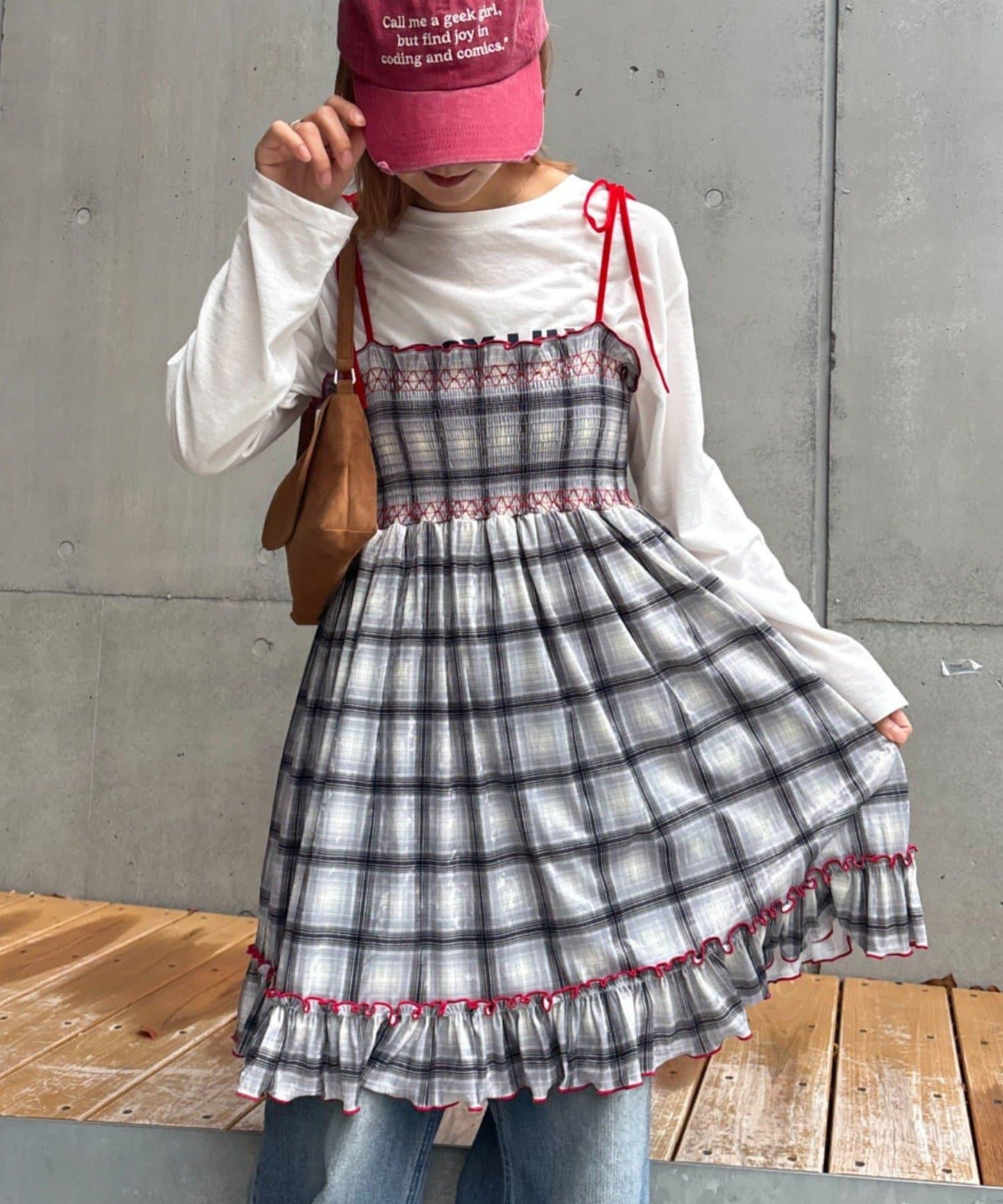 ★【HELLO.SANFRANCISCO/ハローサンフランシスコ】格紋天鵝絨抽褶長款上衣