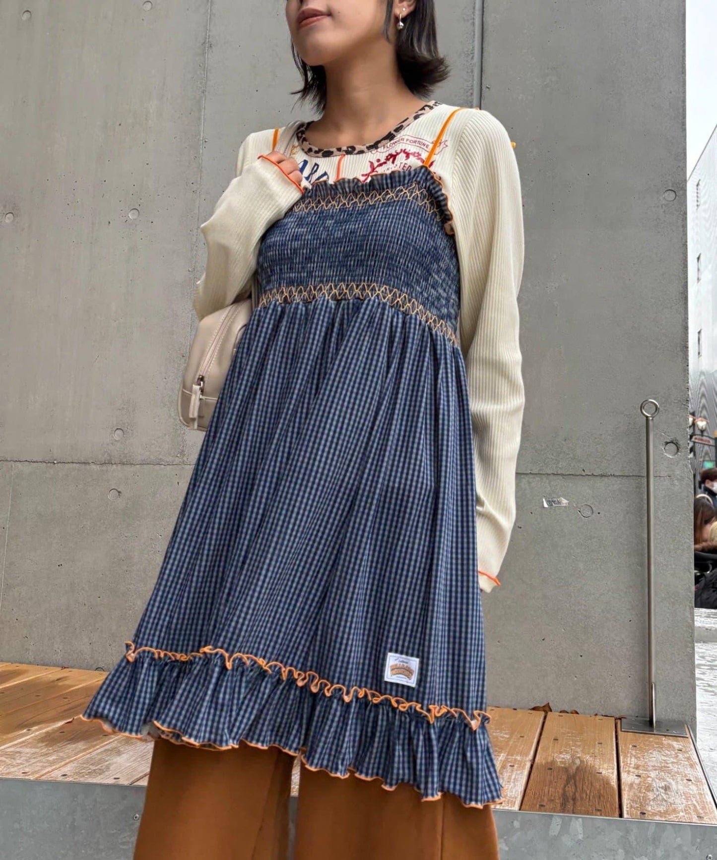 ★【HELLO.SANFRANCISCO/ハローサンフランシスコ】格紋天鵝絨抽褶長款上衣