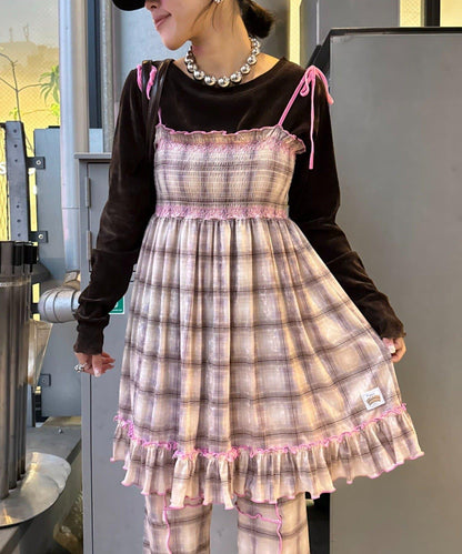 ★【HELLO.SANFRANCISCO/ハローサンフランシスコ】格紋天鵝絨抽褶長款上衣