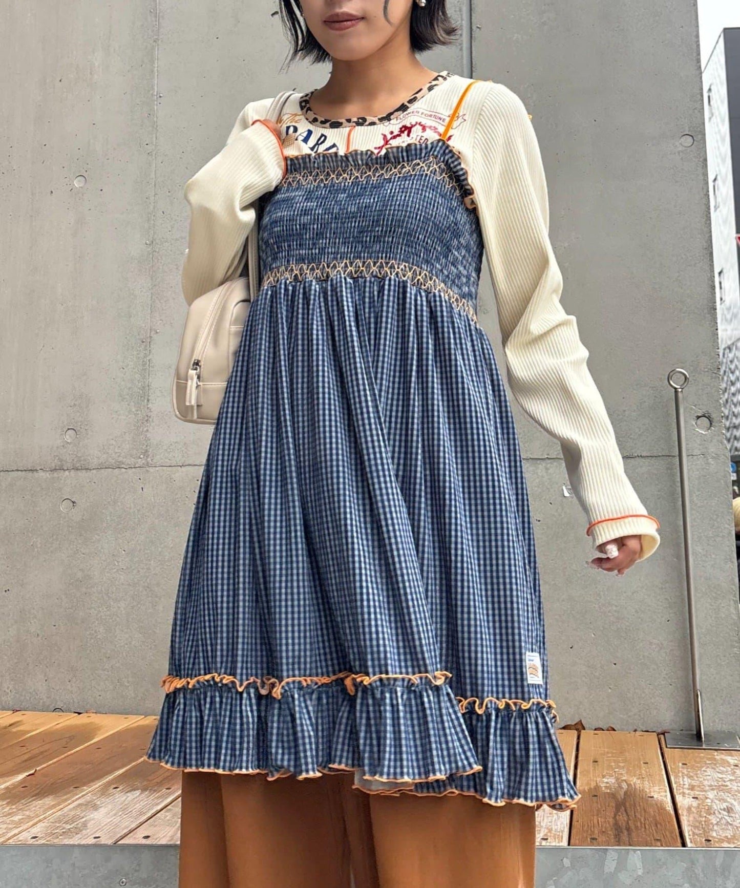 ★【HELLO.SANFRANCISCO/ハローサンフランシスコ】格紋天鵝絨抽褶長款上衣