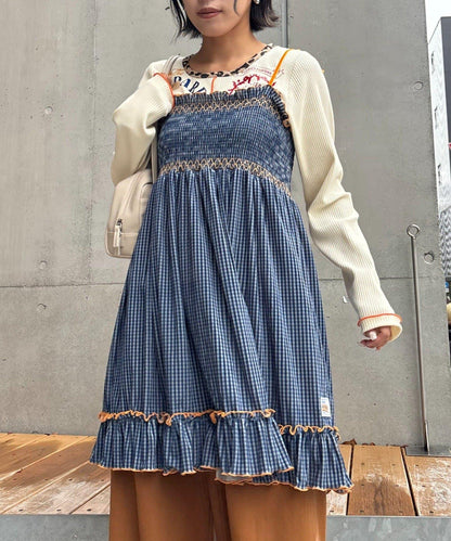 ★【HELLO.SANFRANCISCO/ハローサンフランシスコ】格紋天鵝絨抽褶長款上衣