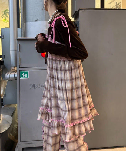 ★【HELLO.SANFRANCISCO/ハローサンフランシスコ】格紋天鵝絨抽褶長款上衣