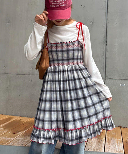 ★【HELLO.SANFRANCISCO/ハローサンフランシスコ】格紋天鵝絨抽褶長款上衣