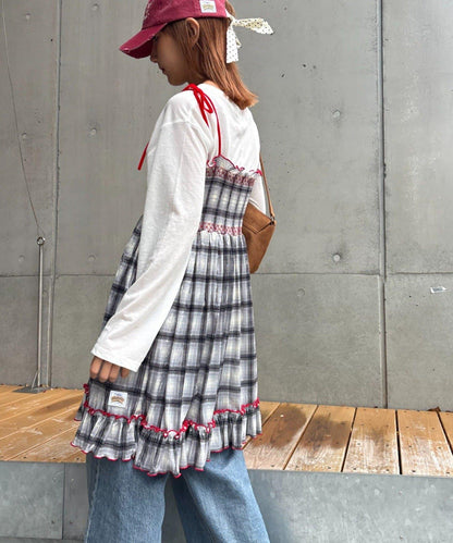 ★【HELLO.SANFRANCISCO/ハローサンフランシスコ】格紋天鵝絨抽褶長款上衣