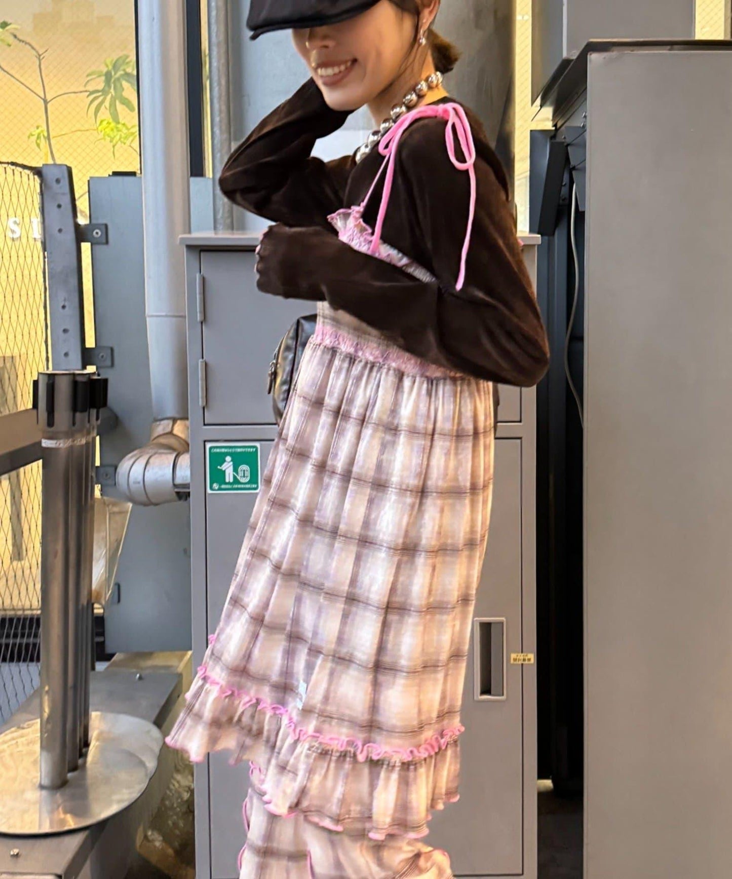 ★【HELLO.SANFRANCISCO/ハローサンフランシスコ】格紋天鵝絨抽褶長款上衣