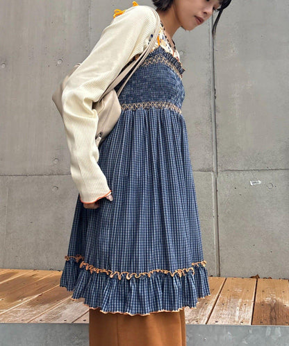 ★【HELLO.SANFRANCISCO/ハローサンフランシスコ】格紋天鵝絨抽褶長款上衣