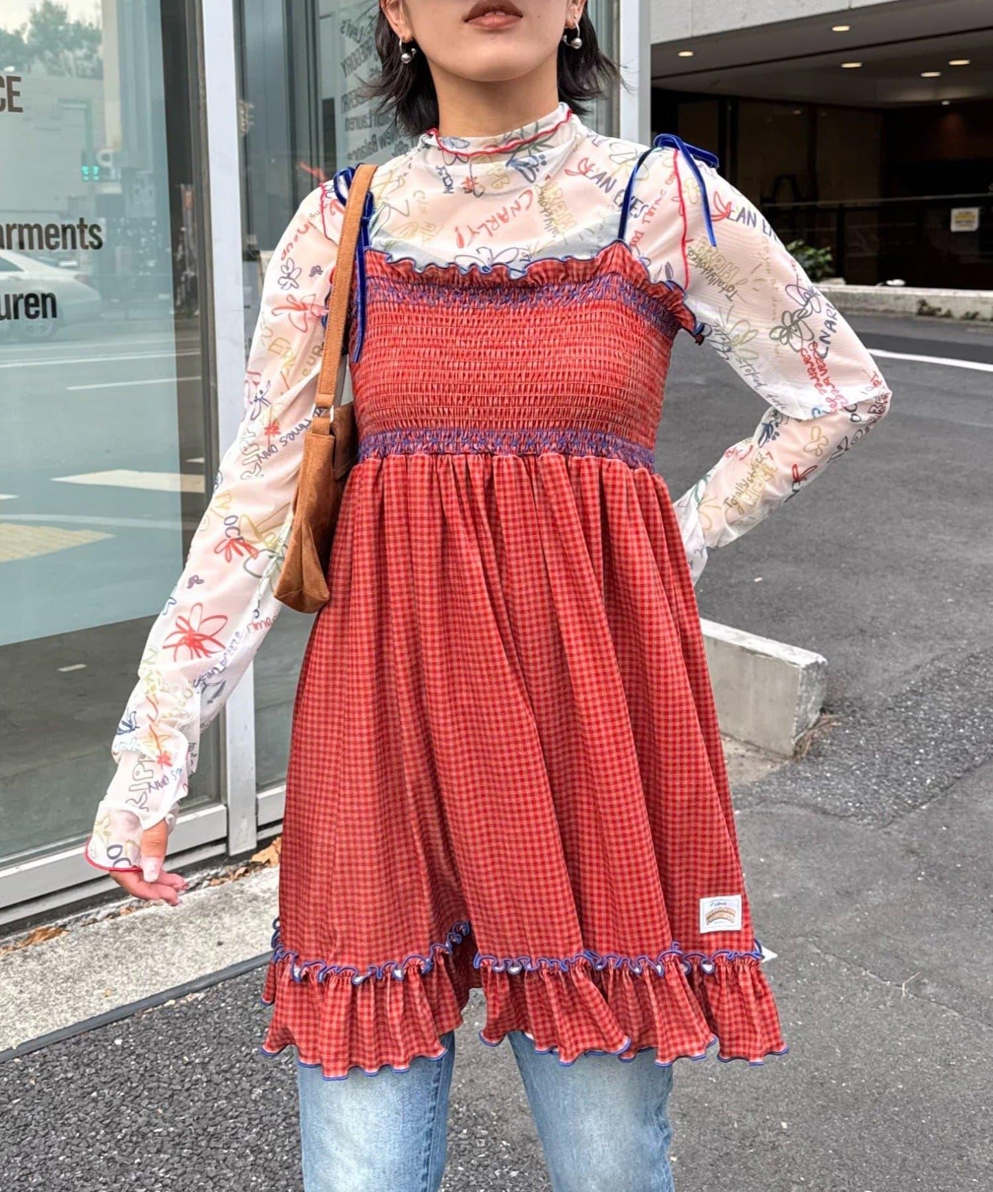 ★【HELLO.SANFRANCISCO/ハローサンフランシスコ】格紋天鵝絨抽褶長款上衣