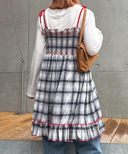 ★【HELLO.SANFRANCISCO/ハローサンフランシスコ】格紋天鵝絨抽褶長款上衣