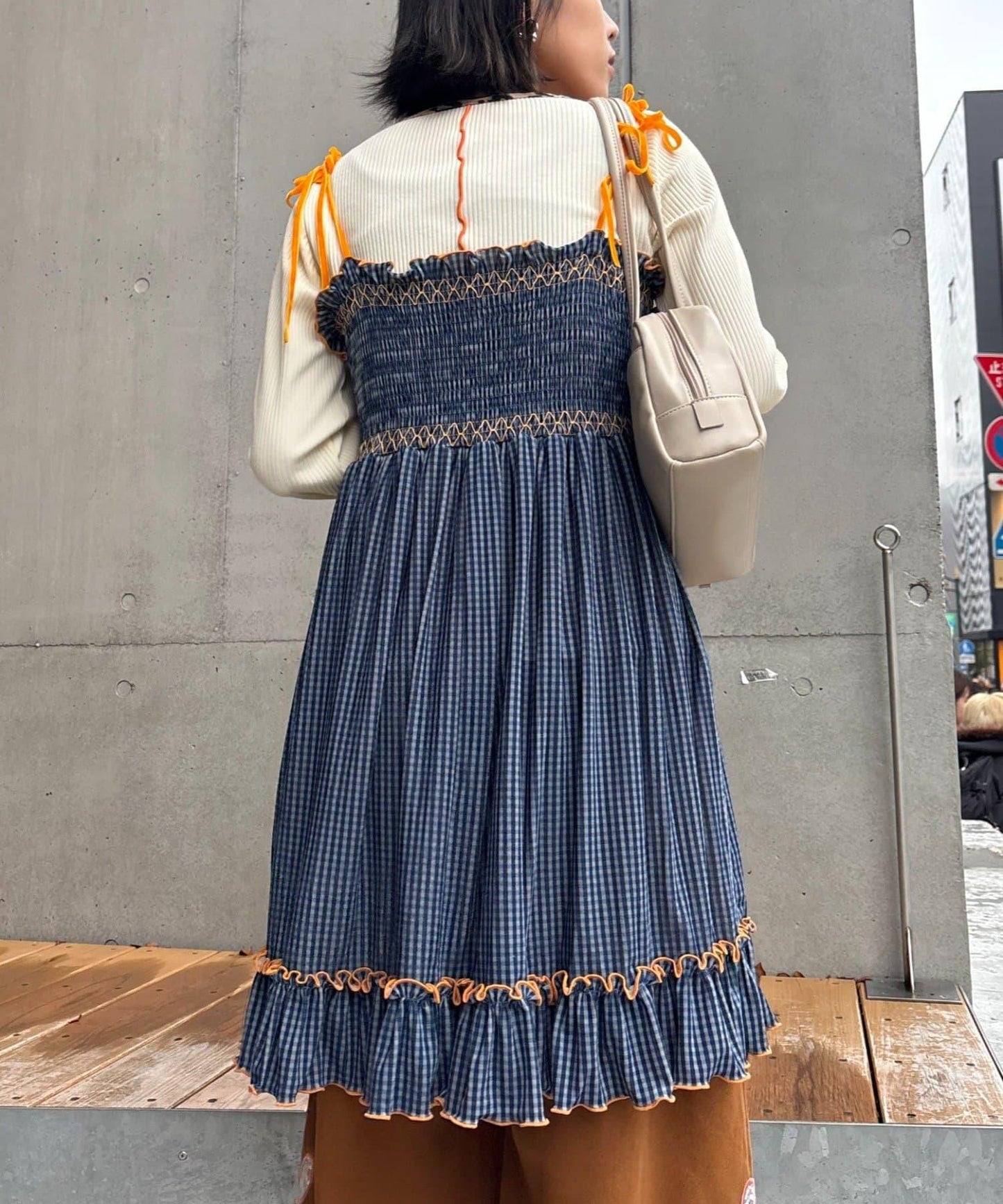 ★【HELLO.SANFRANCISCO/ハローサンフランシスコ】格紋天鵝絨抽褶長款上衣