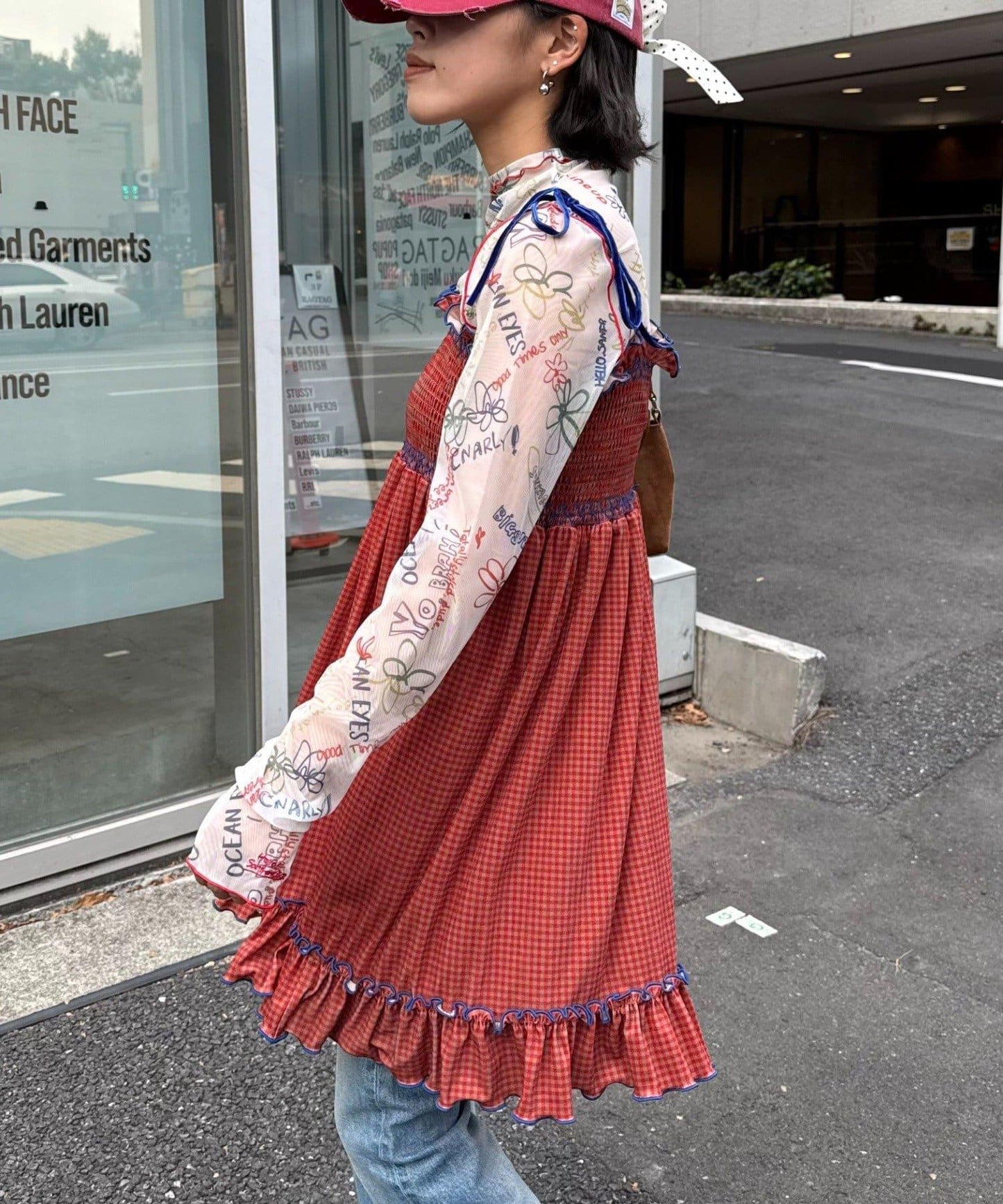 ★【HELLO.SANFRANCISCO/ハローサンフランシスコ】格紋天鵝絨抽褶長款上衣