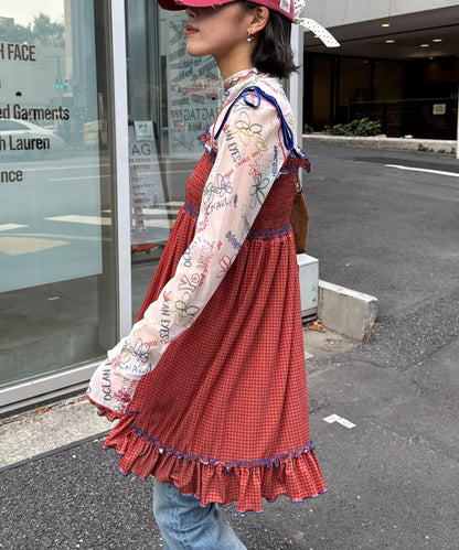 ★【HELLO.SANFRANCISCO/ハローサンフランシスコ】格紋天鵝絨抽褶長款上衣