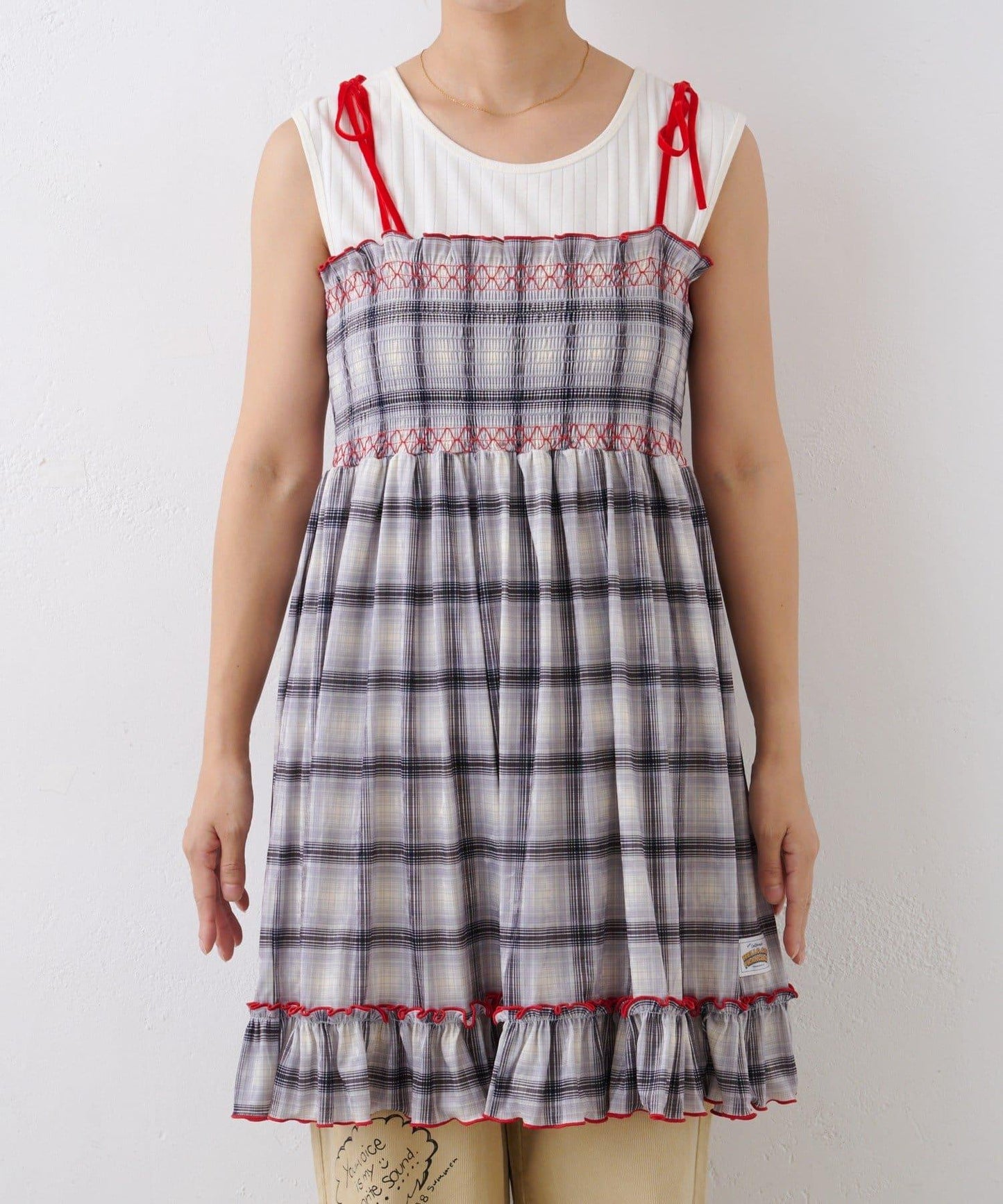 ★【HELLO.SANFRANCISCO/ハローサンフランシスコ】格紋天鵝絨抽褶長款上衣