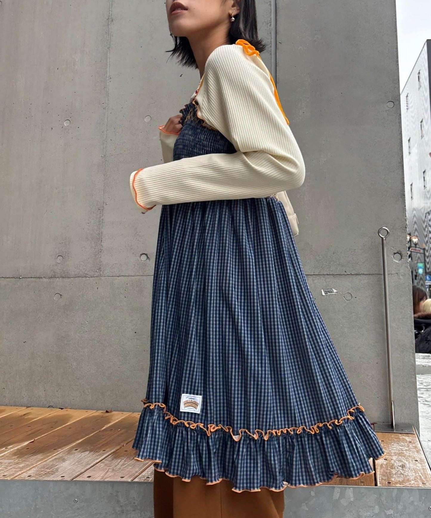 ★【HELLO.SANFRANCISCO/ハローサンフランシスコ】格紋天鵝絨抽褶長款上衣