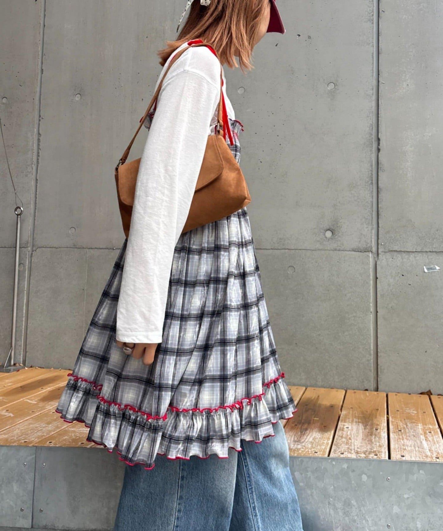 ★【HELLO.SANFRANCISCO/ハローサンフランシスコ】格紋天鵝絨抽褶長款上衣