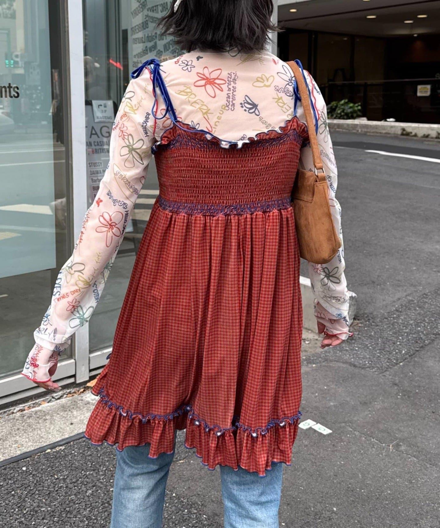 ★【HELLO.SANFRANCISCO/ハローサンフランシスコ】格紋天鵝絨抽褶長款上衣