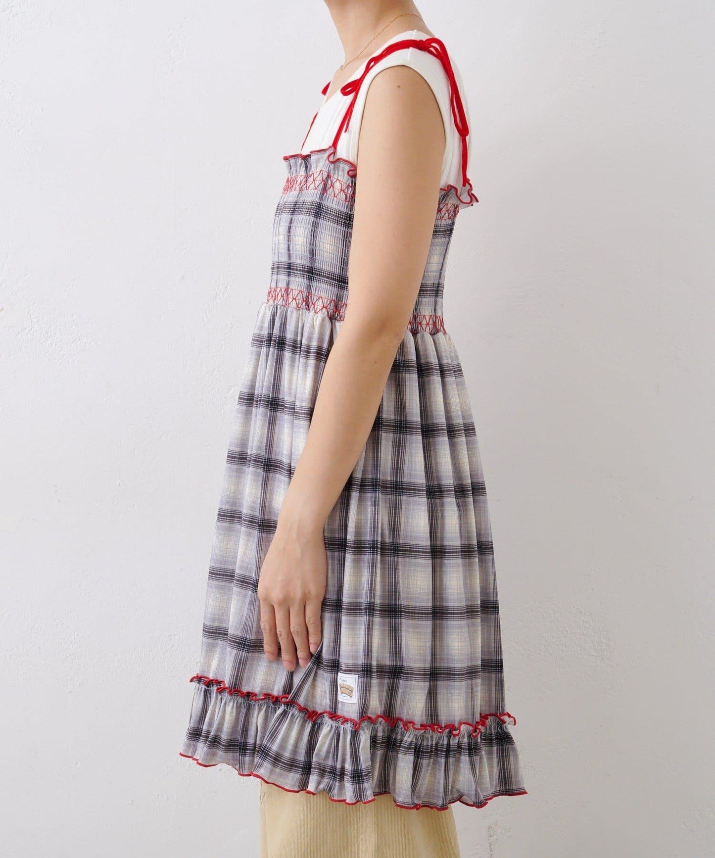 ★【HELLO.SANFRANCISCO/ハローサンフランシスコ】格紋天鵝絨抽褶長款上衣