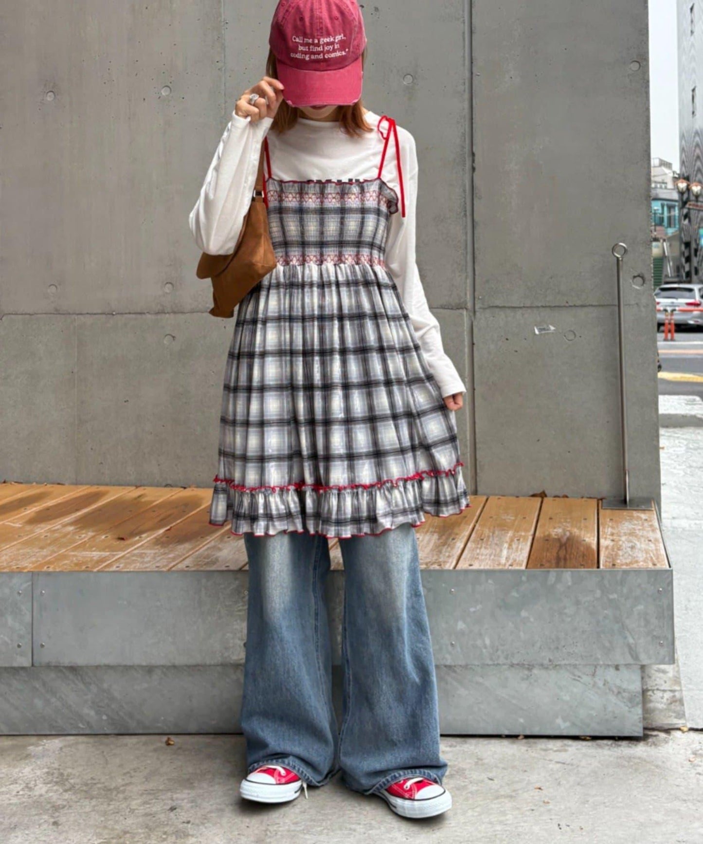 ★【HELLO.SANFRANCISCO/ハローサンフランシスコ】格紋天鵝絨抽褶長款上衣