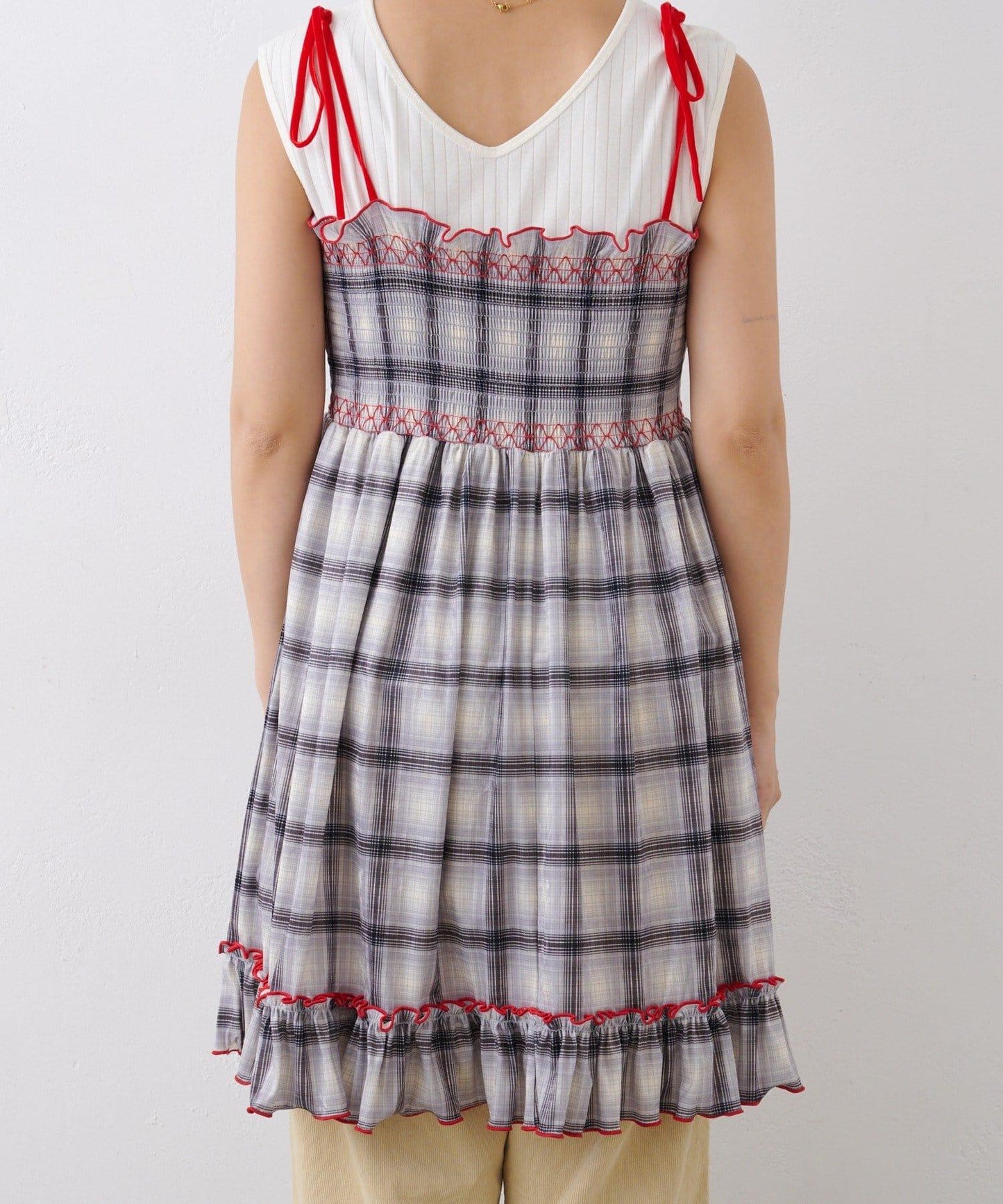 ★【HELLO.SANFRANCISCO/ハローサンフランシスコ】格紋天鵝絨抽褶長款上衣